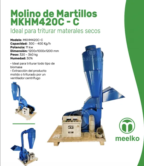 Imagen del producto relacionado Molino triturador de biomasa a martillo electrico hasta 700 kg hora - MKH420C-C - Molino triturador de biomasa a martillo eléctrico MKH420C-C con motor de 11 kW y capacidad de hasta 700 kg/h, ideal para tri…
