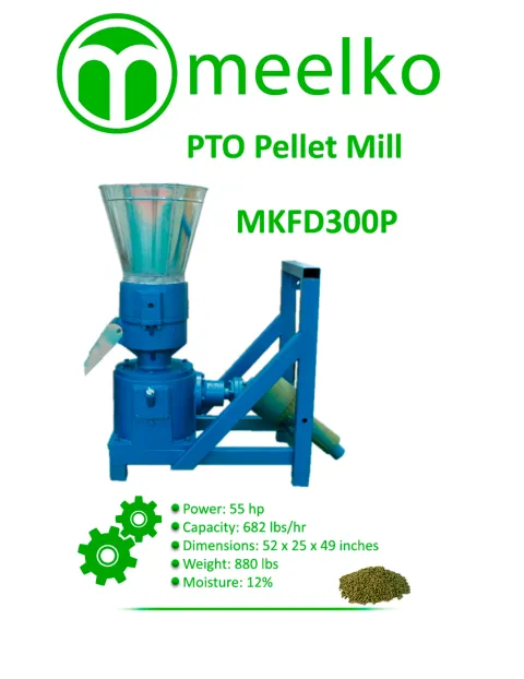 Imagen del producto relacionado Peletizadora PTO MKFD300P – 300 mm - Peletizadora PTO MKFD300P de Meelko con matriz de 300 mm, accionada por tractor sin necesidad de electricidad. Capacidad int…