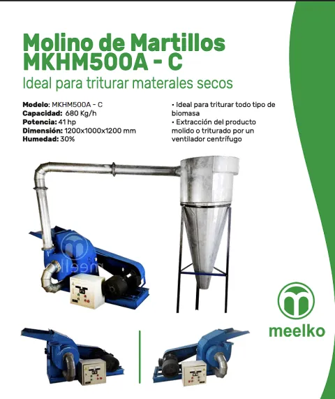 Imagen del producto relacionado Molino triturador de biomasa a martillo diesel hasta 680 kg hora - MKH500A-C - Molino triturador de biomasa a martillo diesel MKH500A-C con motor potente y capacidad de hasta 680 kg/h, ideal para tritura…