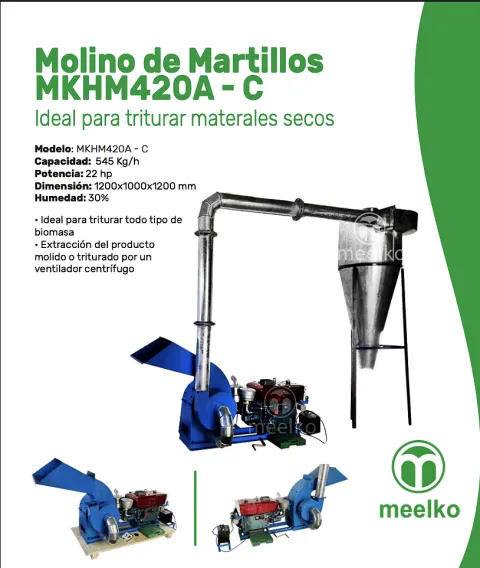 Imagen del producto relacionado Molino triturador de biomasa a martillo diesel hasta 545 kg hora - MKH420A-C - Molino triturador de biomasa a martillo diesel MKH420A-C con motor de 22 hp y capacidad de hasta 545 kg/h, ideal para tritur…