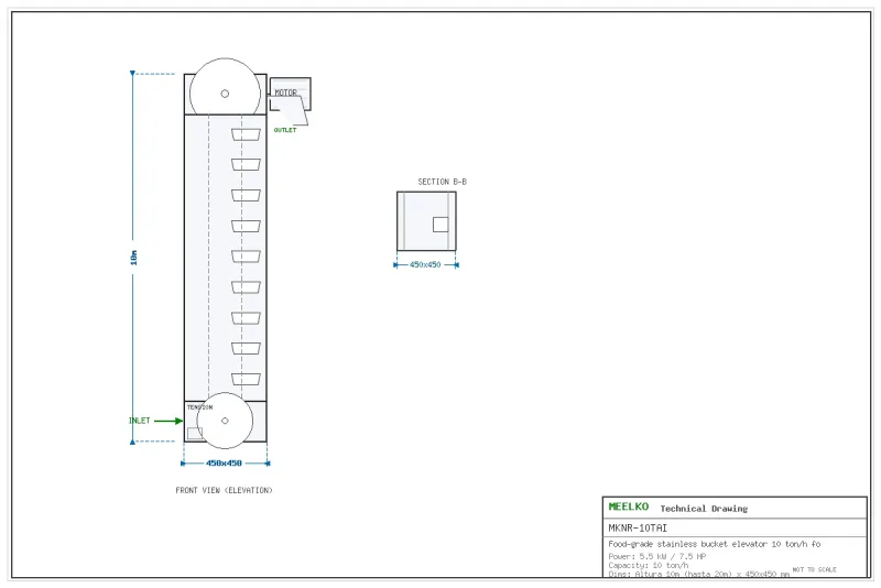 Imagen 2 del producto Noria inoxidable alimentaria 10 t/h - La noria inoxidable alimentaria MKNR-10TAI es un elevador de cangilones de 10 toneladas por hora con motor de 5.5 kW (7.5 HP…