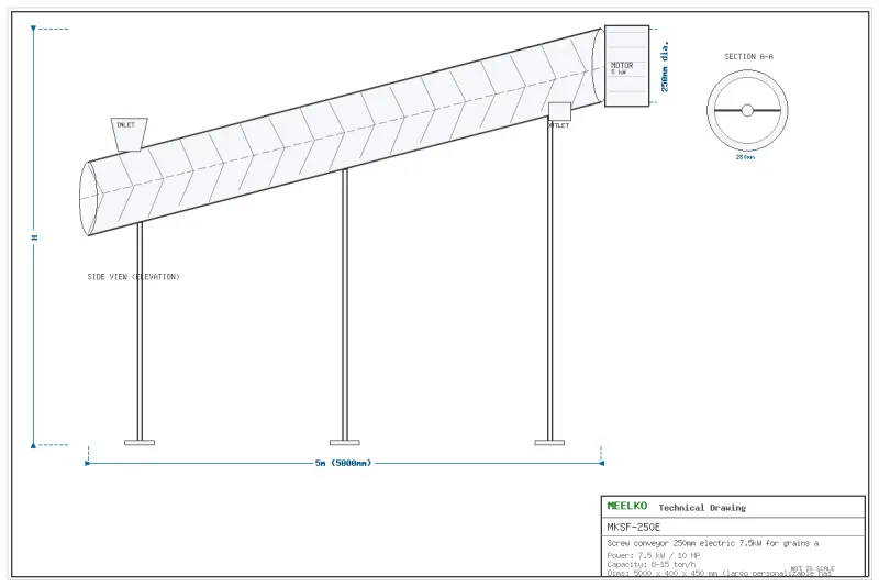 Imagen 2 del producto Sinfín 250mm eléctrico para granos y cereales - El sinfín transportador MKSF-250E de 250 mm con motor eléctrico de 7.5 kW mueve eficientemente granos y cereales como maíz…