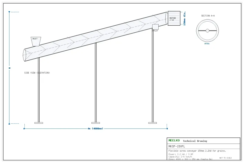 Imagen 2 del producto Sinfín flexible 150mm - El sinfín flexible MKSF-150FL es un transportador de 150mm de diámetro con espiral flexible de acero que permite trayectoria…